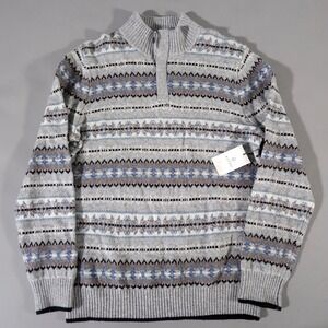 Aspen Quarter Zip Sweater Mens M Grey Fair Isle Merino Wool Blend Pullover